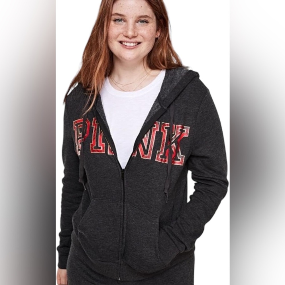 Pink Victoria's Secret Full Zip Grey Red Plaid Jacket Womens Small - Picture 1 of 6